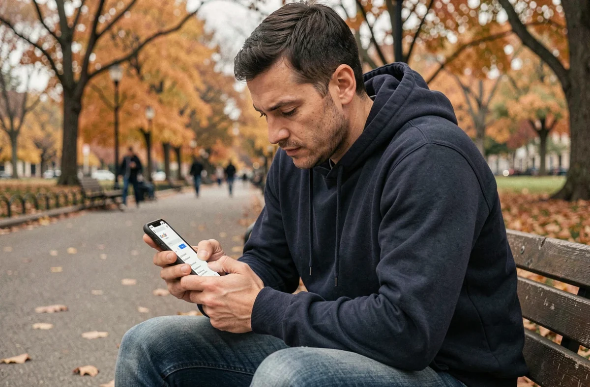 Homme consultant Google sur smartphone assis dans Central Park à New York en automne