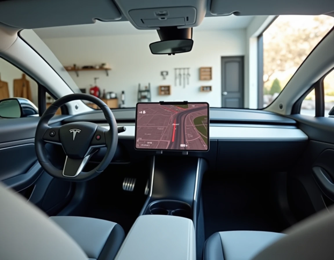 Smartphone Tesla concept monté dans une Tesla Model 3 affichant une interface de navigation assortie dans un garage moderne