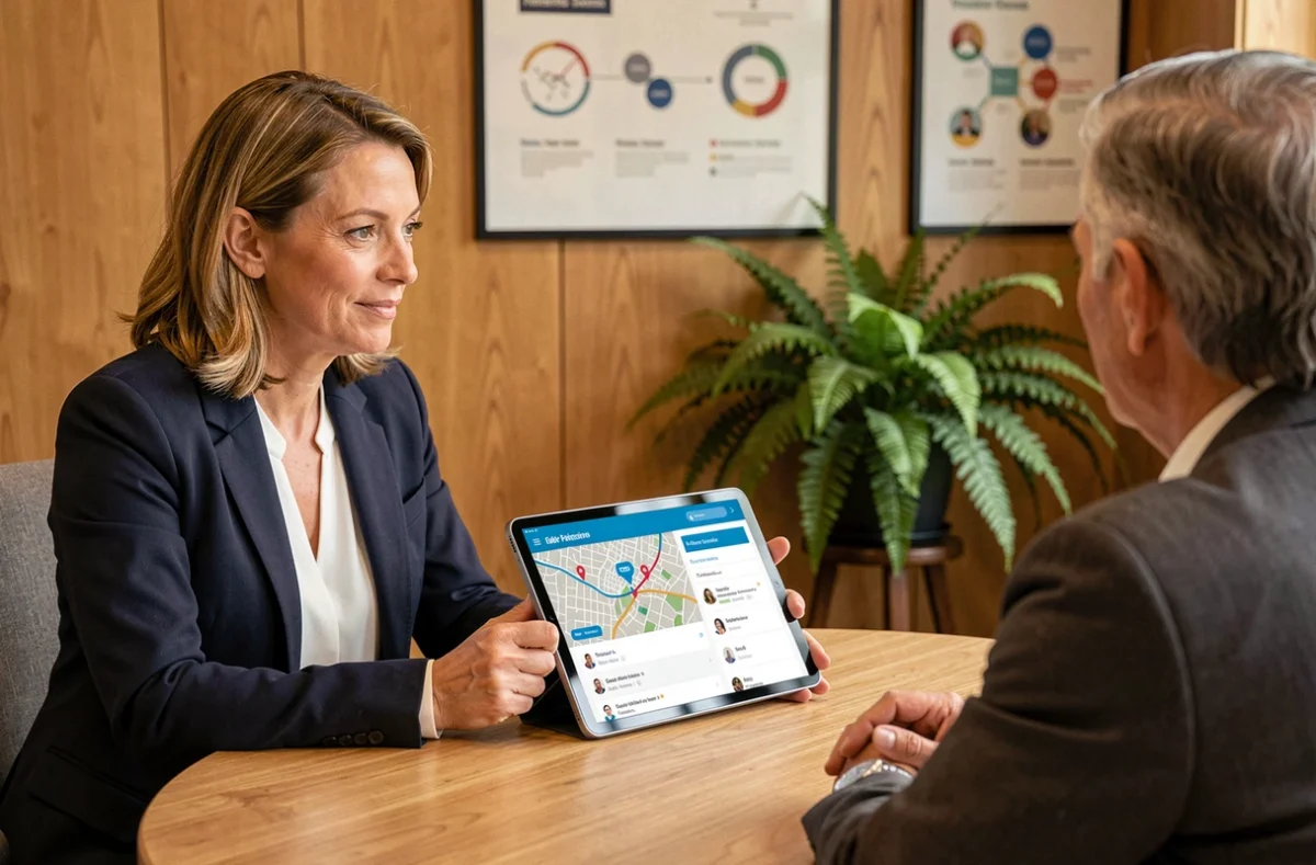 Consultante Solocal présentant des solutions digitales locales à un chef d'entreprise de Saône-et-Loire sur une tablette