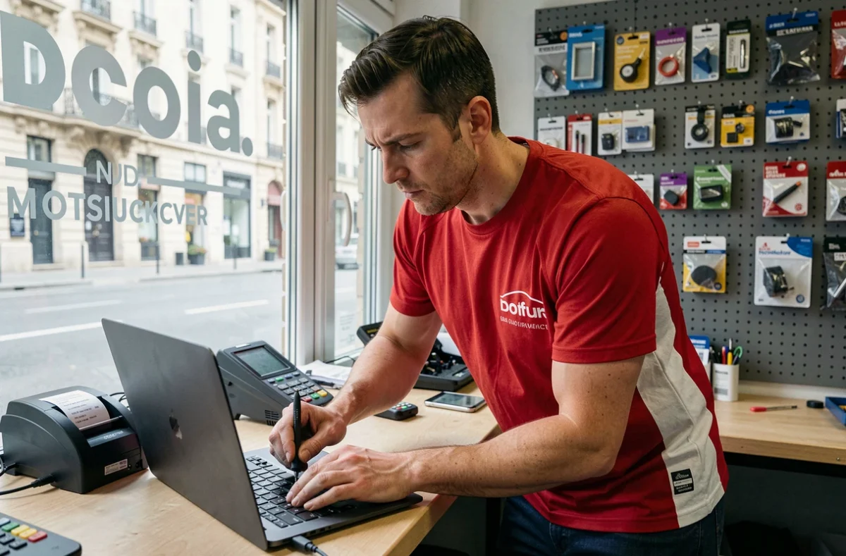 Dépanneur informatique de Sos Dep@nn Pc-37 au travail dans sa boutique à Tours