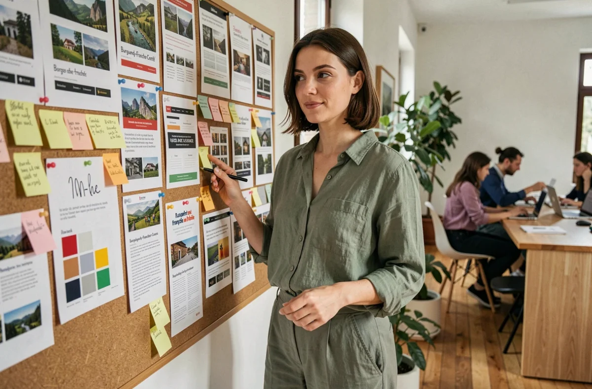 Designer UX du Studio Digital Bourgogne-Franche-Comté organisant des références visuelles pour la création de sites régionaux sur un mur de moodboard
