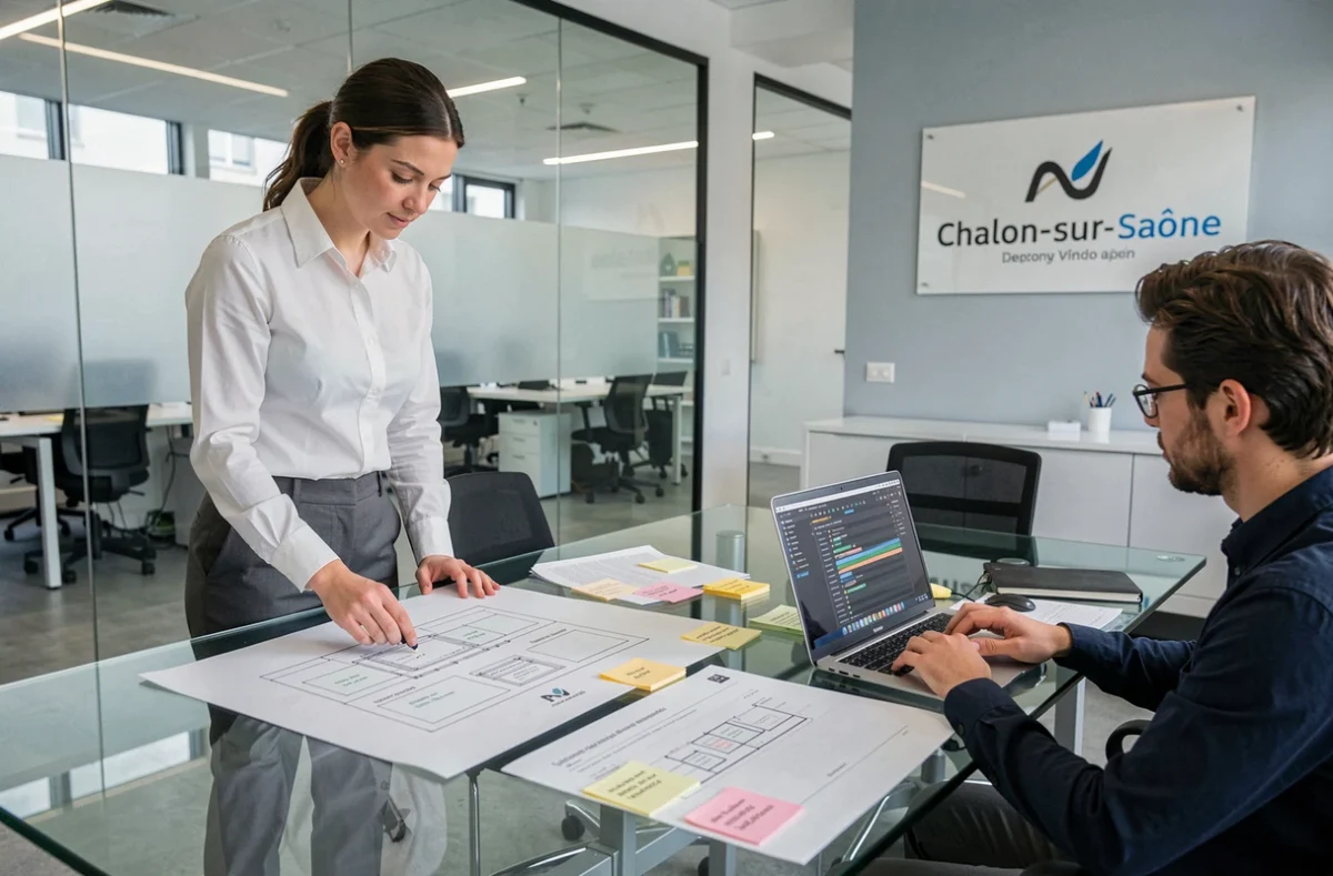 Chef de projet du Studio Web Chalon-sur-Saône supervisant la conception de sites sur mesure avec des wireframes imprimés sur une table de réunion