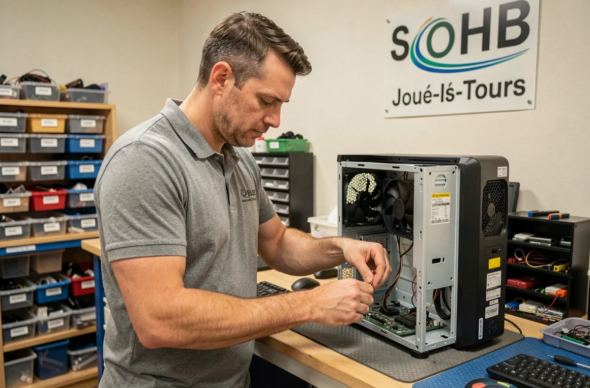 Technicien de SVI Informatique réparant un ordinateur de bureau à Joué-lès-Tours
