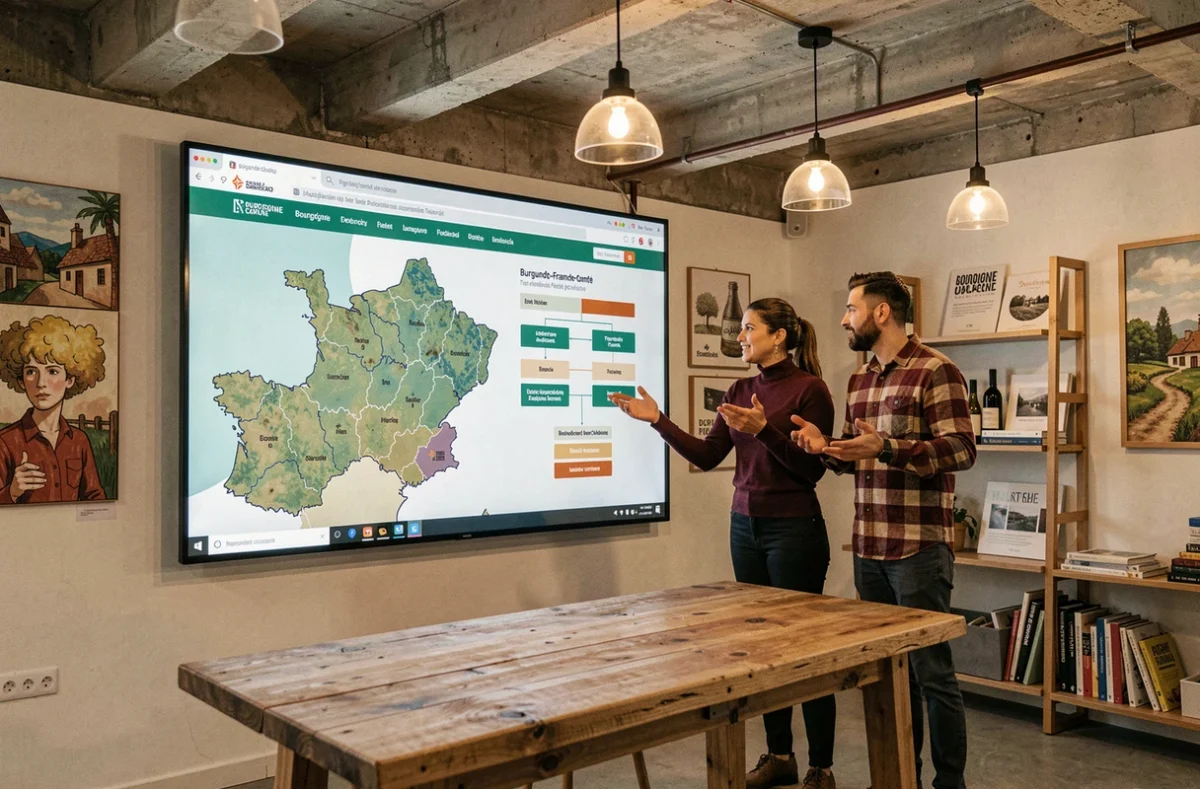 Équipe de Tech Creative en Bourgogne-Franche-Comté collaborant sur une carte de site régional affichée sur un écran tactile mural