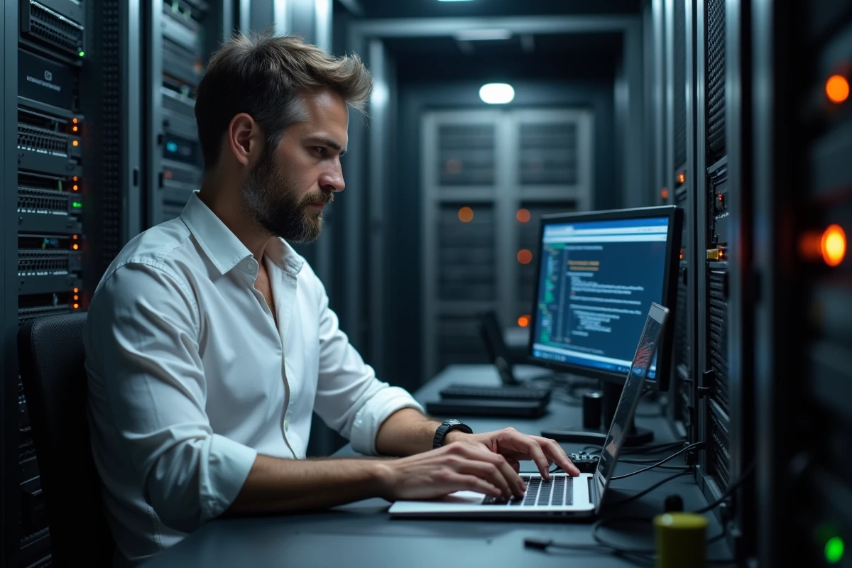 Technicien mettant à jour la clé de licence FiveM via un terminal sur laptop dans une salle serveur