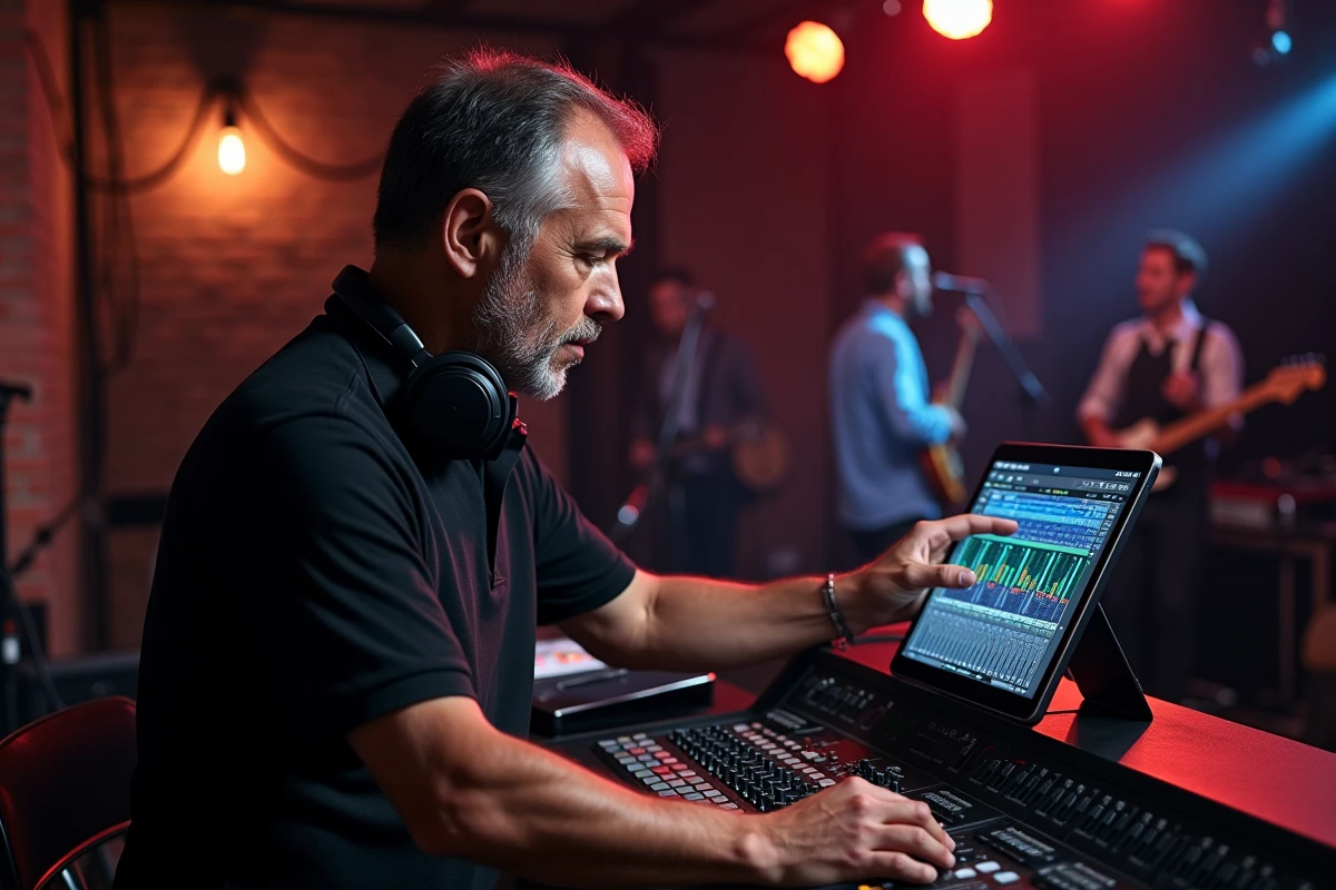 Technicien son gérant une console PreSonus StudioLive et une application de mixage virtuel lors d'une balance en salle de concert