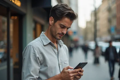 Homme tenant un iPhone 15 en conditions réelles dans la rue, test d'autonomie et de performance en situation quotidienne