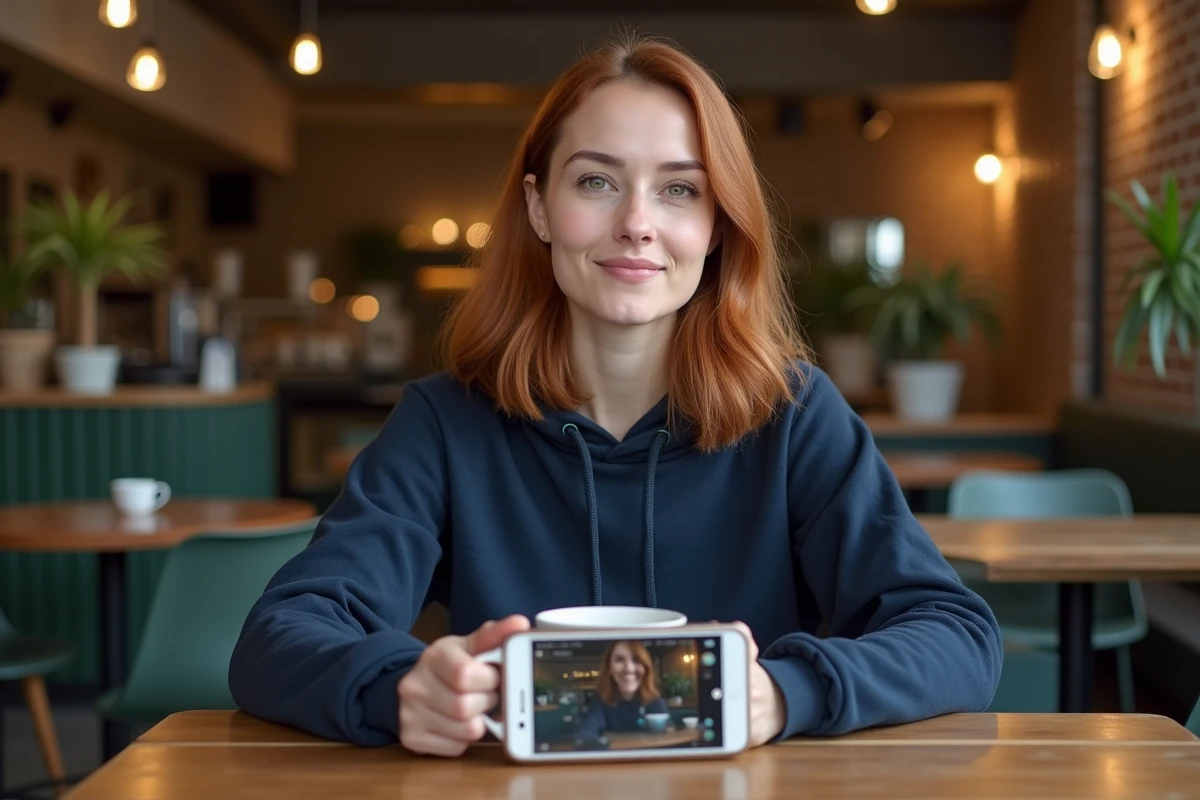 Femme utilisant l'appareil photo de l'iPhone 15 dans un café, test des capacités photo du smartphone Apple en intérieur