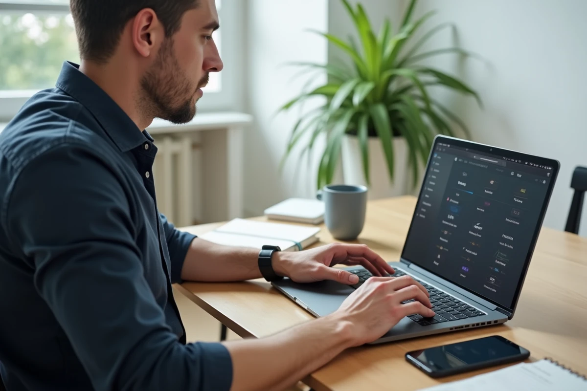 Homme suivant un tutoriel pour mettre de la musique en sonnerie sur son iPhone depuis un bureau