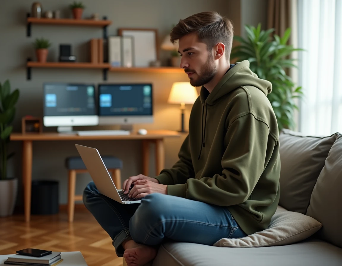 Jeune homme utilisant un ordinateur portable sur un canapé avec un PC fixe visible en arrière-plan dans un appartement
