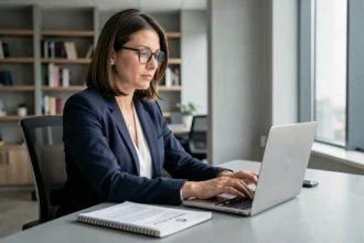 Professionnelle en bureau consultant des documents juridiques sur un ordinateur portable, illustrant l'utilisation légale et responsable d'outils numériques