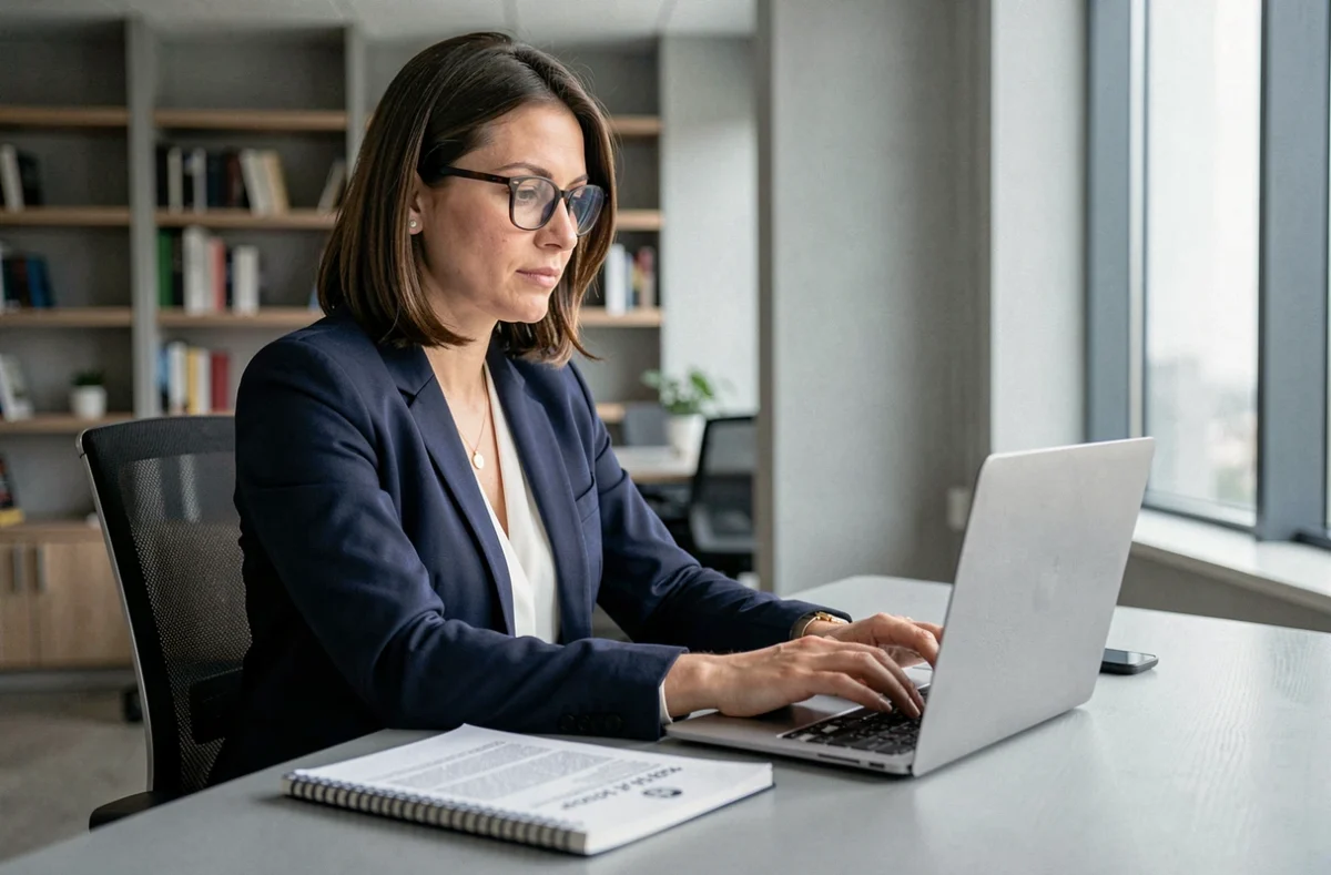 Professionnelle en bureau consultant des documents juridiques sur un ordinateur portable, illustrant l'utilisation légale et responsable d'outils numériques