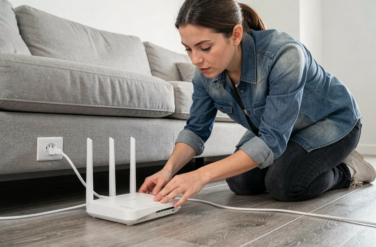 Femme vérifiant les câbles et les voyants d'un routeur WiFi domestique pour résoudre un problème d'accès à l'adresse 192.168.1.1