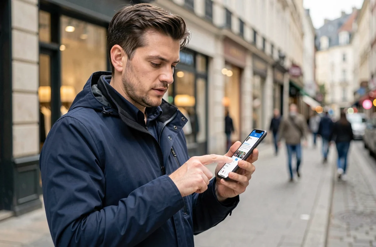 Homme utilisant son smartphone en ville pour visionner des stories Instagram de façon anonyme