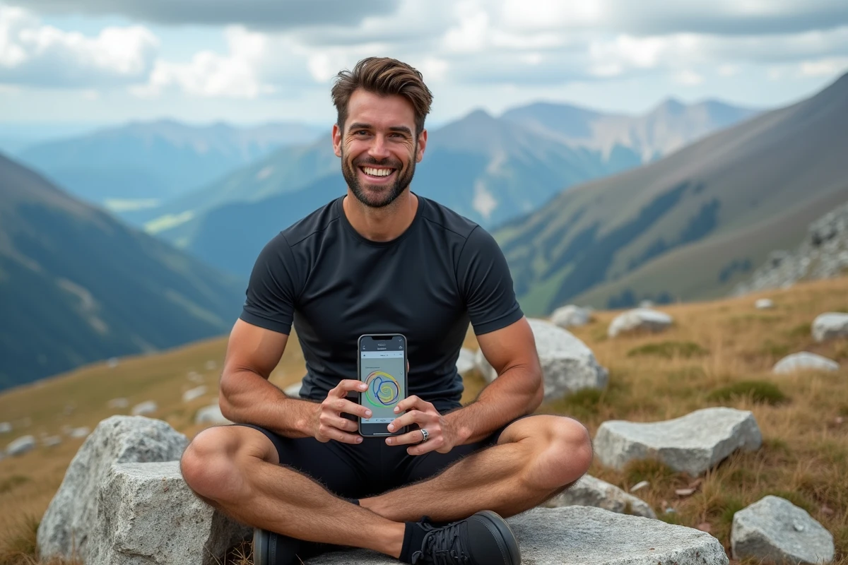 VTTiste visualisant la combinaison de boucles GPX sur smartphone depuis un point de vue panoramique en montagne