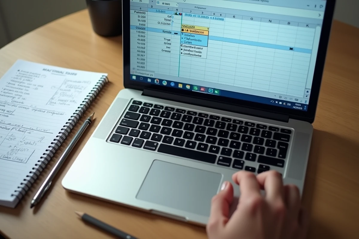 Vue aérienne d'un bureau avec un ordinateur portable affichant l'erreur Excel #VALEUR! dans une formule de soustraction