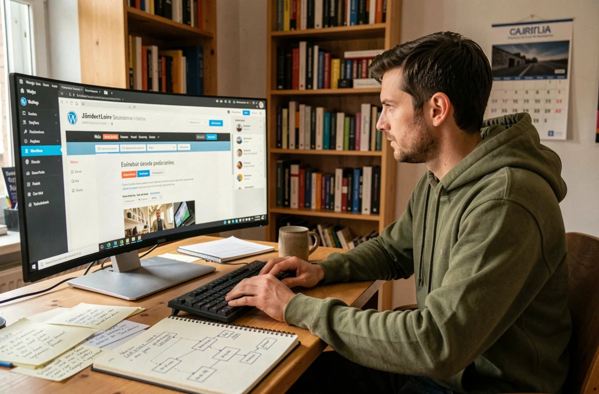 Développeur WordPress de Web Factory en Saône-et-Loire construisant un thème sur mesure dans son studio de développement